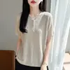 Nova Camisa Base T-shirt Tricotada de Manga Curta Feminina Cor Sólida Tencel Linho Bainha Dobrada Decote V de Alta Costura Pronta para Vestir Primavera/Verão 2026