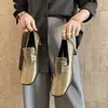 Zapatos de tacón medio de cuero de vaca de primera capa para mujer, Novedades de primavera, Zapatos de vestir cuadrados retro de cuero genuino en dorado y plateado para mujer