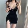Europeu e Americano Sexy Boate Sexy Tentação Vestido Preto de Base Veludo Coreano Renda Suspbottomer Cobre Quadril Saia Curta Moda Feminina