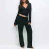 Estilo Europeo y Americano Ropa de Casa Tejido Color Sólido Encaje Patchwork Sexy Manga Larga Atado Pantalones Largos Conjunto de Dos Piezas Otoño e Invierno Nuevo Modelo 2026