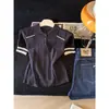Top de punto con cuello estilo universitario, fresco y elegante, estilo coreano, para mujer, camiseta de manga corta fina, ajuste ceñido, estilo Miu