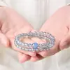 Pulseira de Cristal de Obsidiana e Sândalo Verde Estilo Montanha Putuo Pedra da Lua Cinza Água-Marinha Duplo Círculo Empilhável Hidratante Transferência de Sorte Presente