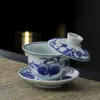 Yurui Porcelana Azul y Blanca Flotante Sancai Tazón Cubierto Color Bajo Vidriado Tazón Individual para Té Juego de Té Kung Fu Cerámica Doméstica Tazón Cubierto con Correa