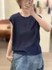 26 Nuevo Estilo de Verano Lino Cuello Redondo Estilo Coreano Mangas Cortas Volantes Holgado Casual Tejido Pulóver Top sin Mangas Chaleco para Mujer