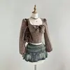 Top retro para mujer con mangas abullonadas que ciñe la cintura, estilo europeo y americano, ajustado, de manga larga corta, con cuello cuadrado