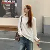 Camiseta térmica blanca para mujer para otoño e invierno, camiseta de manga larga cepillada, forrada de polar, corte holgado, cuello redondo, manga larga, 93% algodón