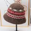 Sombrero de Pescador Jacquard Fair Isle Vintage para Mujer, Sombrero de Pescador Cálido de Felpa para Otoño e Invierno, Sombrero de Pescador Artístico de Ala Corta Estilo Japonés