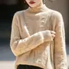 2025 Novo Outono e Inverno Lã Pura Sete Agulhas Engrossado Gola Alta Meia Malha Manga Longa Nó Recorte Camisa de Base para Mulheres