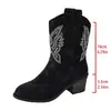 Botas Vaqueras de Media Caña con Tacón Grueso Bordadas Estilo Retro Transfronterizo para Mujer Estilo Callejero Europeo y Americano Versátiles Tallas Grandes Comercio Exterior