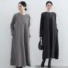 Otoño e Invierno Nuevo Estilo Japonés Color Sólido Manga Larga Vestido Largo Moda Femenina Holgado Cuello Redondo Falda Amplia Línea A Bolsillo