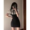 Estilo Romântico Verão Nova Roupa Feminina Doce e Pura Celebridade da Internet Laço Removível Falso Duas Peças Preto e Branco Costurado Vestido Moderno