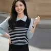 Suéter de Punto de Seda y Lana Nuevo para Primavera y Otoño, Cuello Polo, Manga Larga, Mujer, Bloque de Color, Rayas, Corte Holgado, Falso Dos Piezas