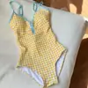 Alto Valor Estético, Estilo Fresco e Puro, Maiô de Peça Única Xadrez Amarelo e Azul para Meninas Jovens, Conjunto de Duas Peças para Mulheres, Cobre o Corpo e Faz Você Parecer Mais Magra, Adequado para Fontes Termais