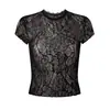 Camiseta de Renda Transparente Estilo Desejo Puro Doce e Picante com Gola Redonda e Manga Curta, Novo Top Básico de Cor Sólida Slim Fit Curto de Verão