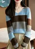 Suéter de Tricô Color Block com Decote V Estilo Coreano para Mulheres, Listrado para Outono Inicial, Solto, Manga Longa, Jovem, Casual, Camada Base