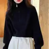 Em Estoque Designer Gola Alta Meia Zíper Tricô Vermelho Feminino Curto Outono Novo Suéter de Cintura Alta Solto Engrossado