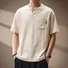 Camiseta de lino para hombre con cuello mao estilo chino, escote en V, manga corta, nueva marca de ropa de trabajo de verano moderna, camiseta Polo de media manga para hombre