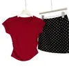 Estilo Americano Retro Puro Deseo Spice Girl Vino Tinto Elegante Blanco Cintura Adelgazante Hombro Caído Manga Corta Mujer Verano Moda