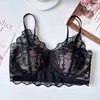 Sujetador de encaje estilo francés sin espalda para mujer, estilo fino de otoño e invierno, sin aros, bloques de color, sujetador tipo top sin costuras sexy con espalda en U