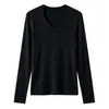 Camiseta básica de lana de acetato para mujer de otoño e invierno, camiseta de cuello en U de Tencel Lyocell estilo coreano, top de punto a rayas de manga larga ajustado