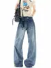 Jeans de Mezclilla Lavada con Estampado de Estrellas Retro Americano para Hombres y Mujeres Marca de Moda Sueltos Versátiles Rectos Pierna Ancha Pantalones Largos hasta el Suelo
