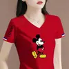 Camiseta de manga corta para mujer de comercio exterior transfronterizo, cuello en V, corte holgado, estampada, casual, retro, top para mujer de talla grande
