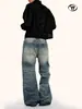 Jeans Rectos Estilo Retro Americano Azul Yongfang para Hombres y Mujeres, Corte Holgado, Lavado Tridimensional con Bigotes de Panal, Pantalones Casuales de Pierna Ancha de Moda