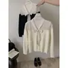 Cardigã elegante de renda patchwork estilo francês com gravata borboleta para mulheres, top casual versátil para outono e inverno