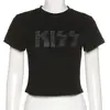 2025 Novo Estilo de Verão Retrô Letra Hot Diamond Verão Moda Feminina Manga Curta Gola Redonda Curta Expondo o Umbigo Slim Camiseta