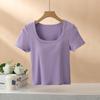Playera corta de verano de manga corta para mujer, top corto para chica hot con personalidad, cuello cuadrado, con almohadilla en el pecho, ropa de protección solar, camiseta interior