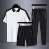 Traje deportivo de tres piezas de seda helada para hombre de mediana edad y ancianos, pantalones casuales de secado rápido de temporada, camisa polo de manga corta, ropa para hombre