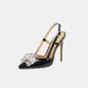 Zapatos de tacón alto sin espalda con cristales, talla grande 35-46, tacón de aguja, moda francesa, punta fina poco profunda, sandalias de charol