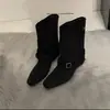 Botas curtas de camurça cáqui estilo retrô Chuyuji para mulheres, botas estilo francês, design de nicho de outono, botas western com salto bloco