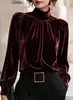 Ropa Femenina Transfronteriza Europea y Americana 2026 Camisa de Terciopelo Retro Francesa Cuello Alto Mangas Abullonadas Manga Larga Elegante Top para el Trabajo