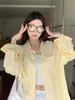 Camisa listrada HF amarela estilo coreano para mulheres, design doce de outono, jaqueta de camisa casual solta