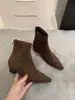 Versão em pele de ovelha~Botas finas de bico fino estilo francês para Primavera e Outono, botins de salto médio, botins elásticos Chelsea femininos, botas Martin de salto grosso