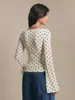 Top de Malla Retro con Lunares Transfronterizo de Manga Larga para Mujer, Cuello en V Profundo, Cierre de Lazo al Frente, Mangas Acampanadas, Top de Gasa Ajustado
