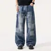 Pantalones a cuadros tipo mosaico de estilo americano para la calle, modernos y elegantes, perfectos para un look urbano fresco y atrevido, jeans de mezclilla para hombre, corte holgado, pierna recta, pantalones largos