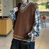 Chaleco suéter de punto trenzado con cuello en V estilo universitario para hombre, suéter de punto en capas retro moderno para otoño e invierno