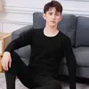 Roupa íntima térmica sem costura de veludo dupla face masculina gola média-baixa autocalorável com forro de veludo conjunto calça comprida