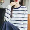 Primavera 2026 Nuevo Estilo Algodón Puro Versátil Moda Simple Rayas Cuello Redondo Tejido Bloques de Color Manga Larga Suéter Casual Tendencia