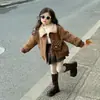 Jaqueta de Lã de Cordeiro Grossa Estilo Ocidental com Gola de Motociclista, Casaco de Pele Infantil Masculino para Meninas, Estilo Novo de Inverno