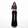 Pantalones Acampanados de Cintura Baja Picantes Estilo Americano Corte Ajustado Caída Suelta Longitud Hasta el Suelo Versátiles Jeans Otoño e Invierno Forro Polar Engrosado Cálidos