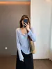Camiseta de Hilo de Bambú Texturizado, Ligera y Cómoda, Cuello Redondo en V, Manga Larga con Protección Solar, Delgado, para Verano H052117