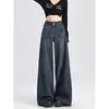 Jeans Wide Leg Azul Escuro Retrô Americano Feminino Nova Coleção Primavera e Outono 2024 Cintura Alta Solto Emagrecedor Reto