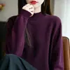 Primavera 2026 Nuevo Estilo Algodón Puro Engrosado Cuello Medio Alto Tejido Estilo Coreano Manga Larga Color Sólido Holgado Versátil Camiseta Básica para Mujer