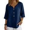 Camisa de Botones Casual Holgada de Algodón y Lino de Manga Tres Cuartos, Color Sólido, Nueva, Transfronteriza, Disponible en Stock, Botón de Amazon Europeo y Americano