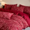 2026 Nuevo Modelo Jacquard Teñido en Hilo 100% Algodón Gasa de Doble Capa Rojo Brillante Serie de Juego de Cuatro Piezas para Boda Versión Sábana de 1.8m Cuatro Piezas