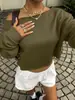Sudadera corta de estilo europeo y americano para mujer, hombros descubiertos, color liso, hombros caídos, manga larga, holgada, hombro asimétrico, top corto casual para primavera y otoño