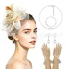 Amazon Set Retro de Accesorios para el Cabello de Novia Flor de Pluma para el Kentucky Derby Diadema de Malla Guantes Conjunto de Collar